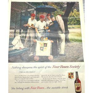 1958 Vintage Print Ad Four Roses Society Whisky Nothing Dampens the Spirit